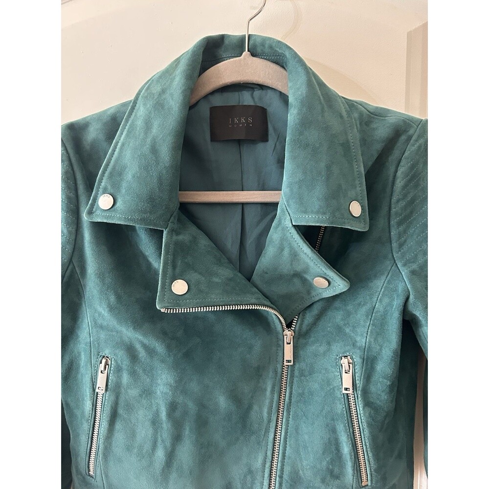 IKKS Women’s Size Small Green Suede Moto Jacket EUC - Picture 5 of 9
